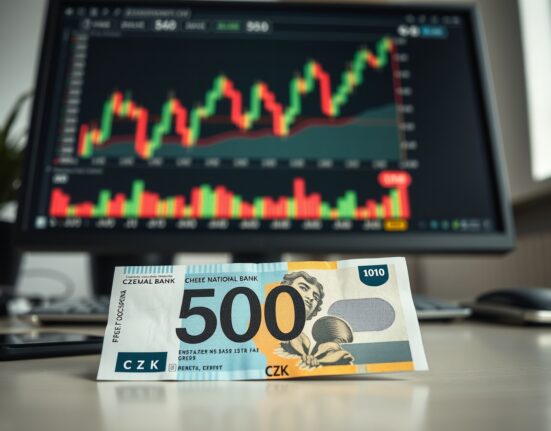Czech koruna banknote and financial chart on a desk, representing CNB policy impact on CZK.