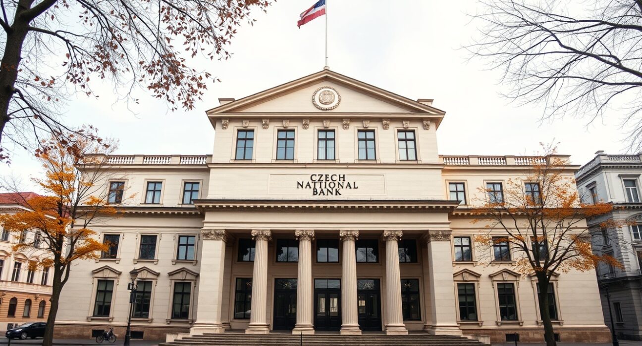 Exterior of the Czech National Bank building in Prague on a cloudy day.