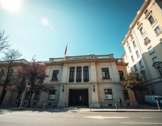 Czech National Bank building in Prague on a sunny day
