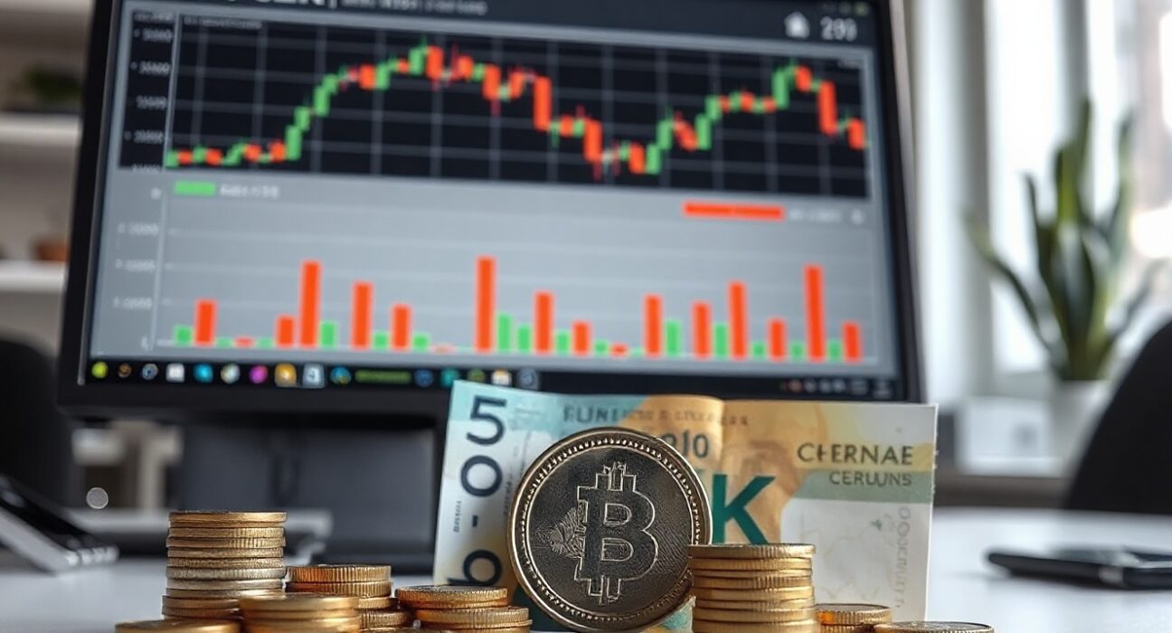 Czech koruna banknotes and coins with a EUR/CZK chart on a monitor in a financial office