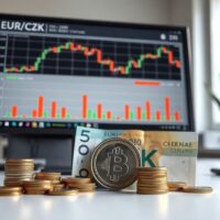 Czech koruna banknotes and coins with a EUR/CZK chart on a monitor in a financial office