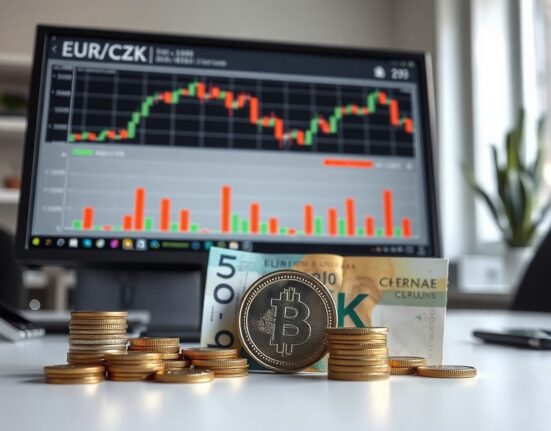 Czech koruna banknotes and coins with a EUR/CZK chart on a monitor in a financial office