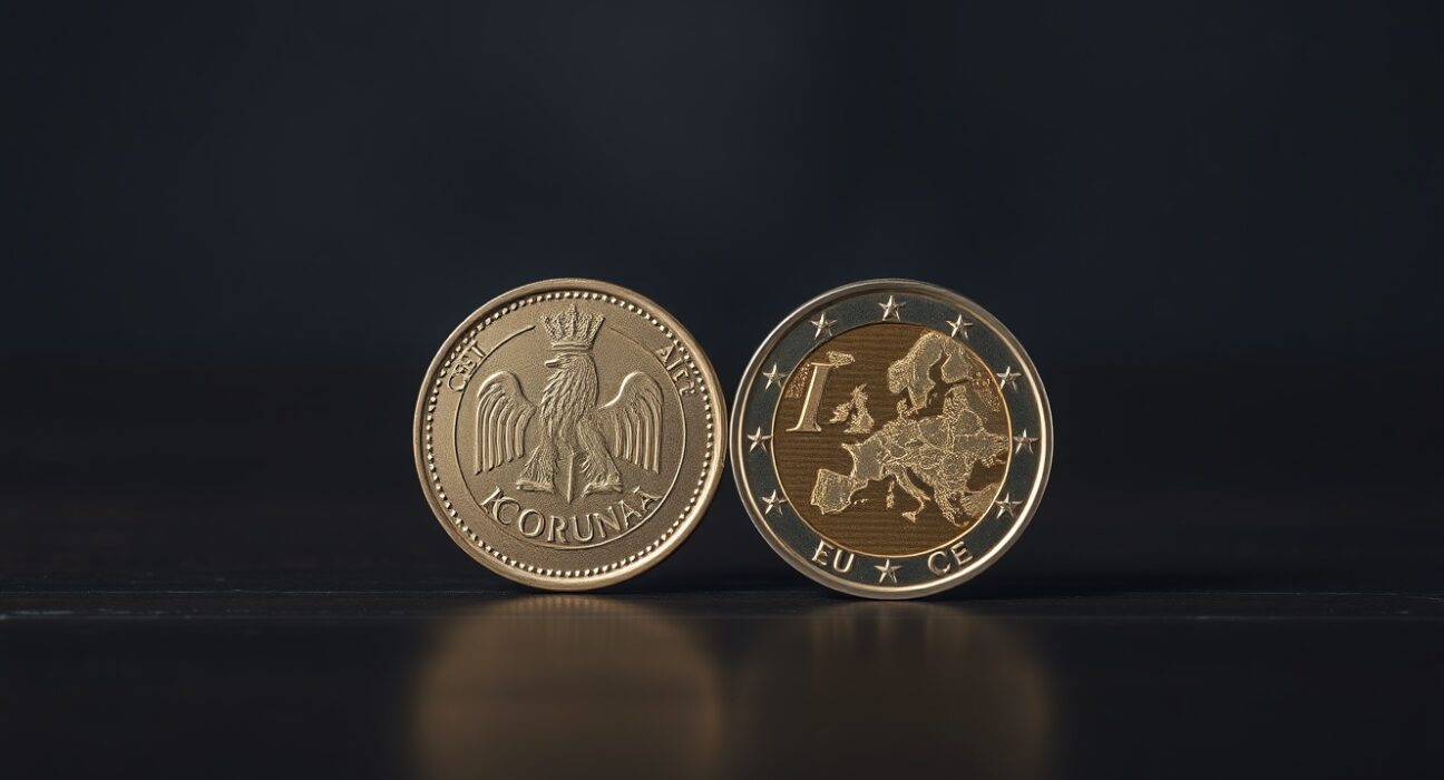 Czech koruna coin next to euro coin on dark surface