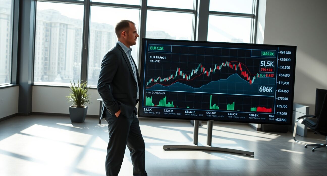 Financial analyst in Prague office monitoring EUR/CZK and USD/CZK exchange rate charts on digital screen