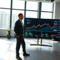 Financial analyst in Prague office monitoring EUR/CZK and USD/CZK exchange rate charts on digital screen
