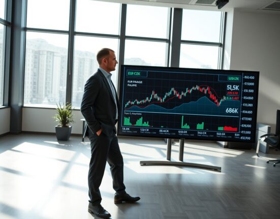 Financial analyst in Prague office monitoring EUR/CZK and USD/CZK exchange rate charts on digital screen