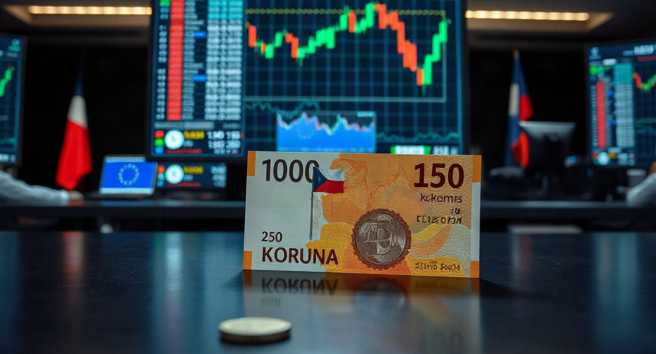 Czech koruna banknote on a trading desk with currency charts in background