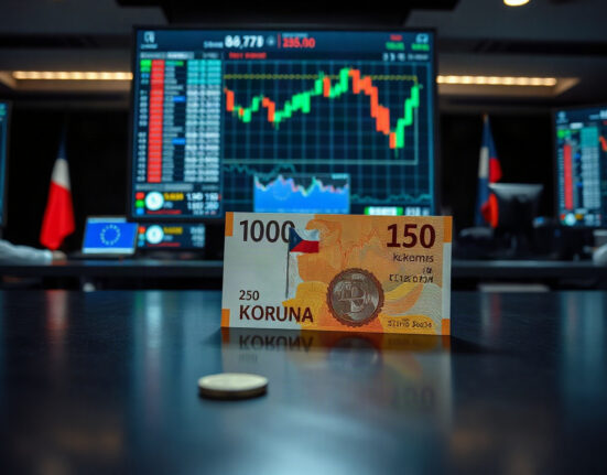 Czech koruna banknote on a trading desk with currency charts in background