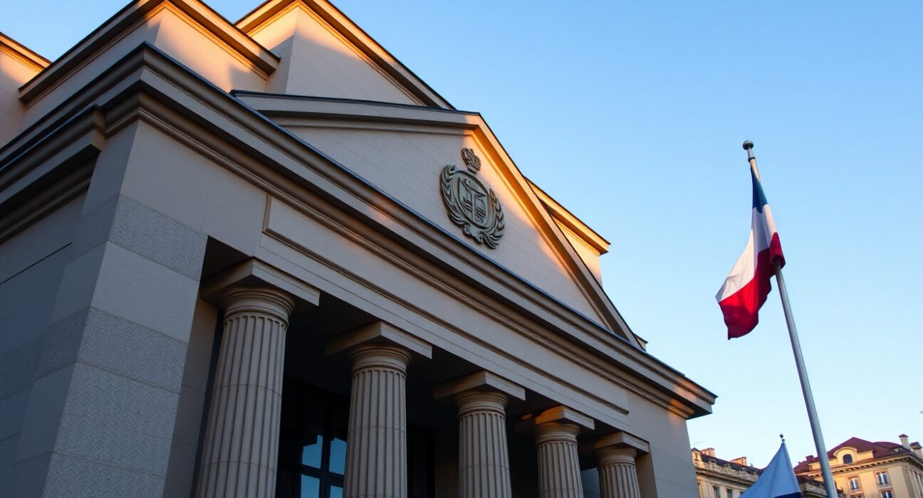 Exterior of the Czech National Bank building in Prague during late afternoon sunlight.