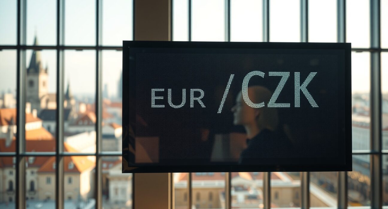 EUR/CZK exchange rate display in a modern bank lobby with Prague skyline in background