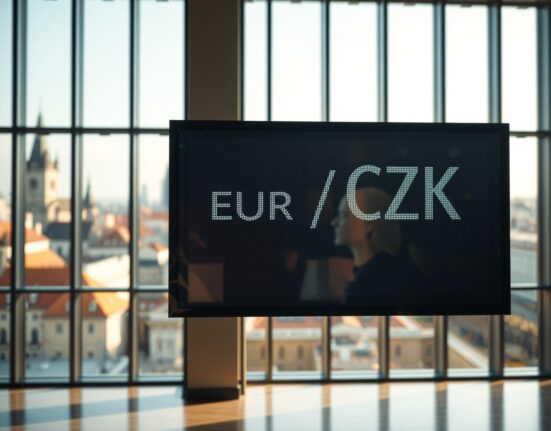 EUR/CZK exchange rate display in a modern bank lobby with Prague skyline in background