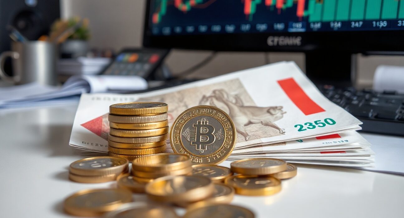 Czech koruna banknotes and coins on a desk with financial charts in the background