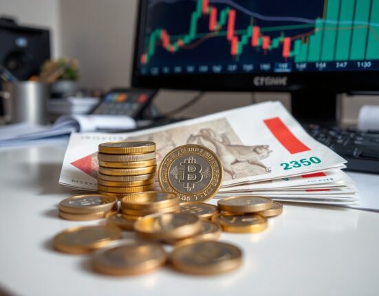 Czech koruna banknotes and coins on a desk with financial charts in the background