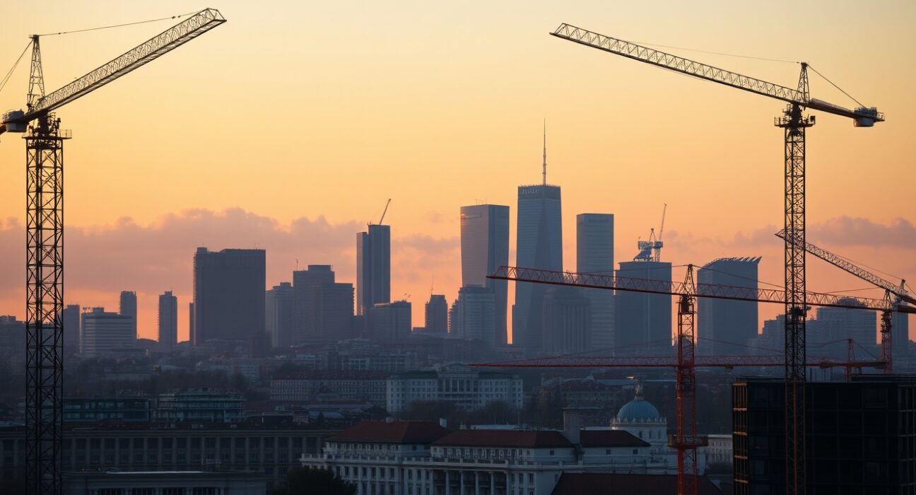 Skyline of a Central European city with construction cranes at dusk, representing economic growth in Czechia and Hungary.