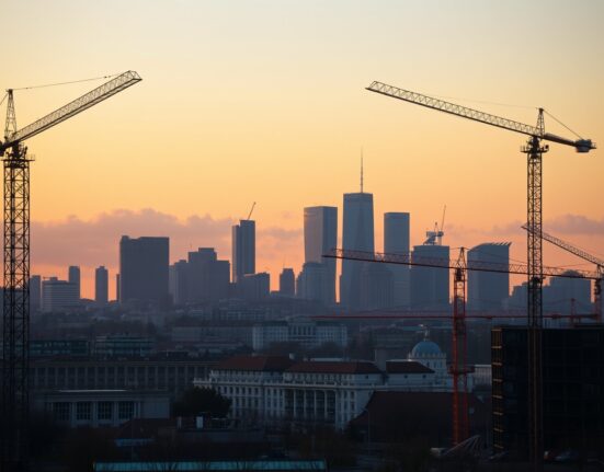Skyline of a Central European city with construction cranes at dusk, representing economic growth in Czechia and Hungary.