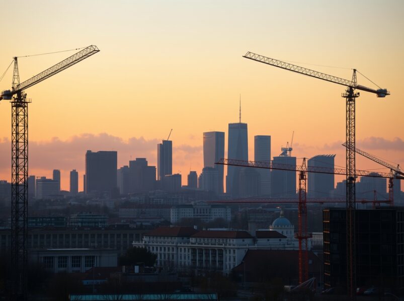 Skyline of a Central European city with construction cranes at dusk, representing economic growth in Czechia and Hungary.