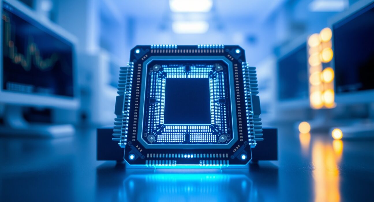 Close-up of a quantum computer processor in a modern laboratory setting with cool blue lighting
