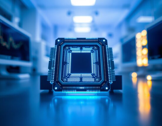 Close-up of a quantum computer processor in a modern laboratory setting with cool blue lighting