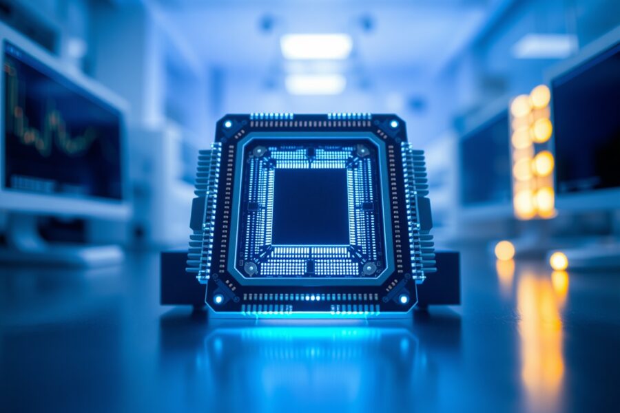 Close-up of a quantum computer processor in a modern laboratory setting with cool blue lighting