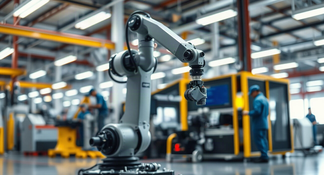 Automated robotic arm working on a factory floor in a modern Texas manufacturing plant.