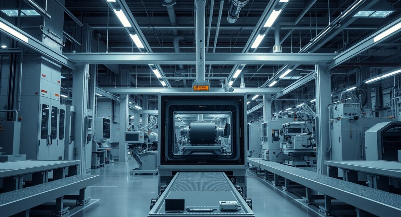 Interior of a modern Texas factory with idle assembly line machinery under cool industrial lighting.