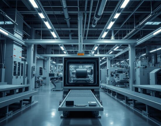 Interior of a modern Texas factory with idle assembly line machinery under cool industrial lighting.