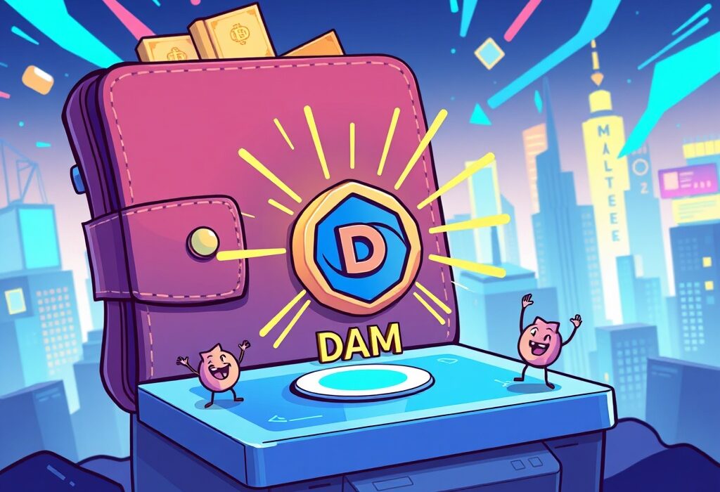 A cartoon illustration depicting the excitement around a new DAM listing on a digital trading platform.