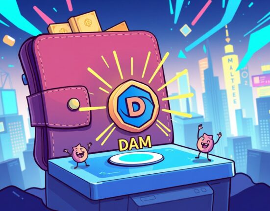 A cartoon illustration depicting the excitement around a new DAM listing on a digital trading platform.