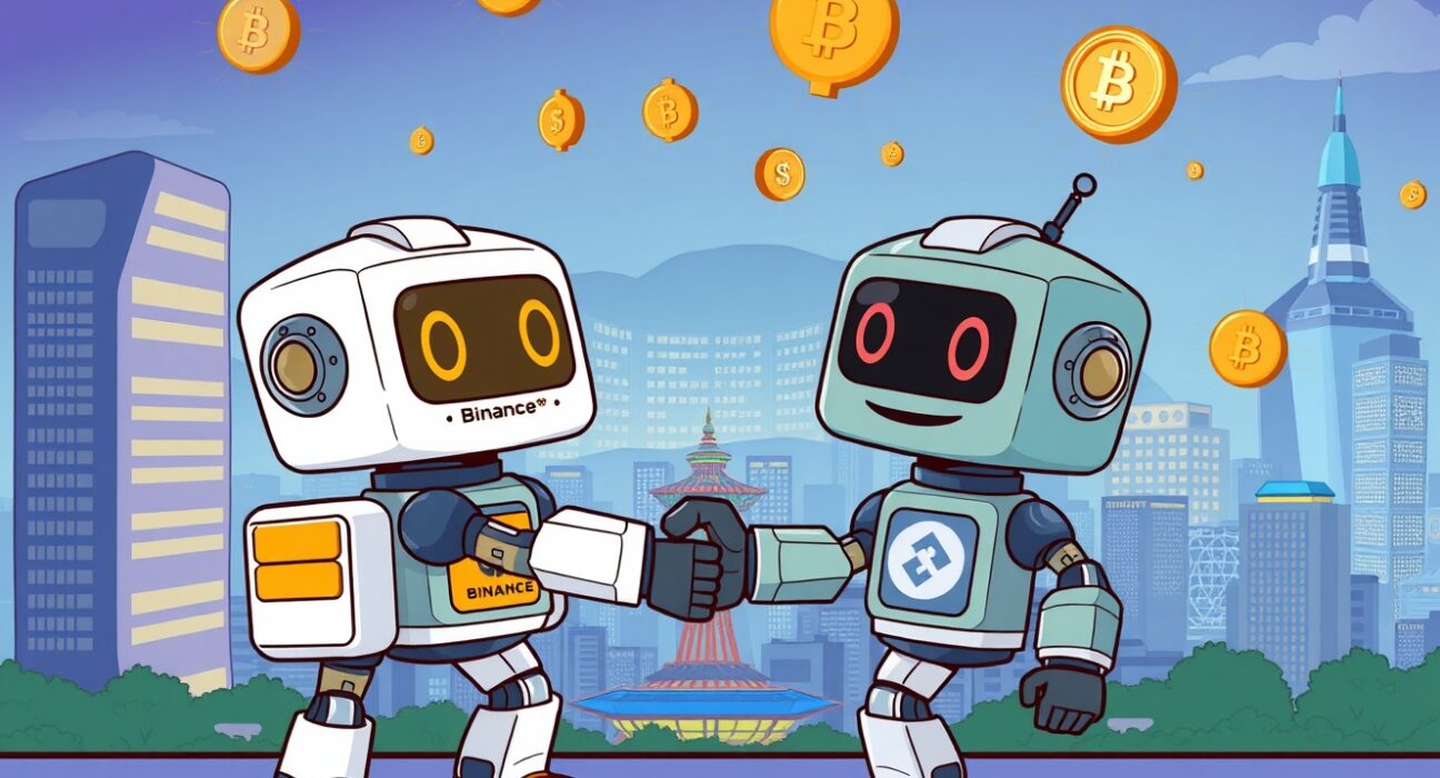 Strategic cartoon illustration of Binance Pay infrastructure partnership launching in South Korea.