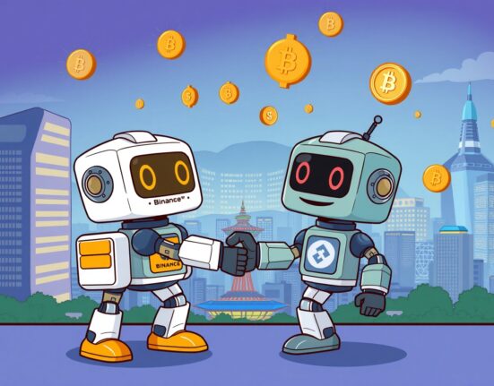 Strategic cartoon illustration of Binance Pay infrastructure partnership launching in South Korea.