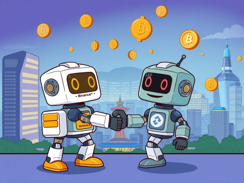 Strategic cartoon illustration of Binance Pay infrastructure partnership launching in South Korea.