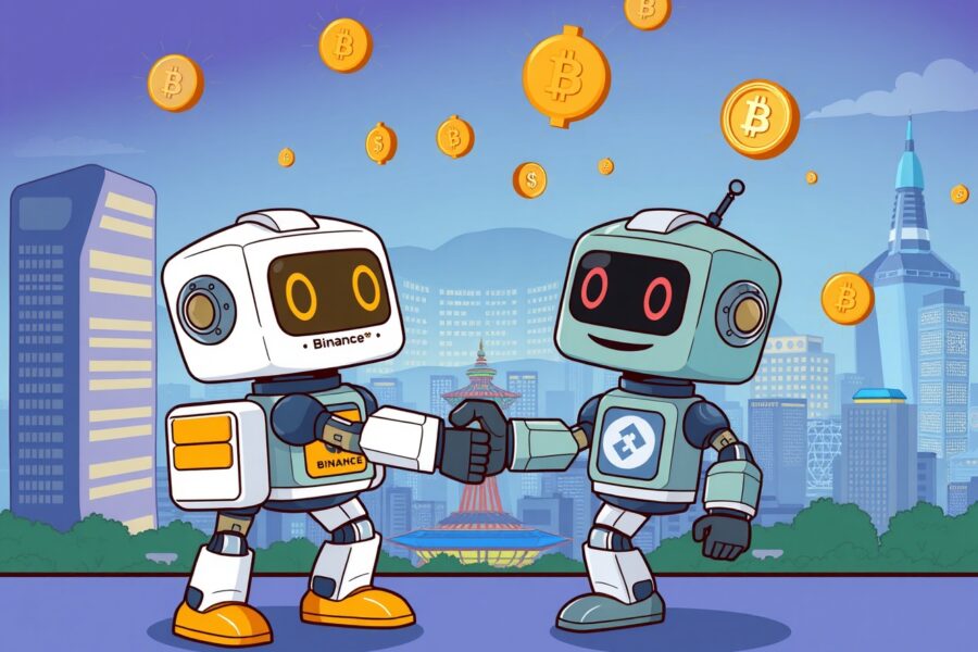 Strategic cartoon illustration of Binance Pay infrastructure partnership launching in South Korea.