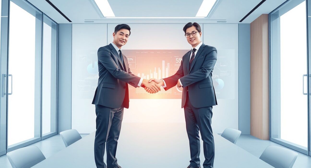 Danal Fintech and JB Jeonbuk Bank executives sealing partnership for won-based stablecoin development.