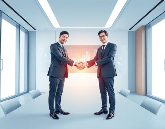 Danal Fintech and JB Jeonbuk Bank executives sealing partnership for won-based stablecoin development.