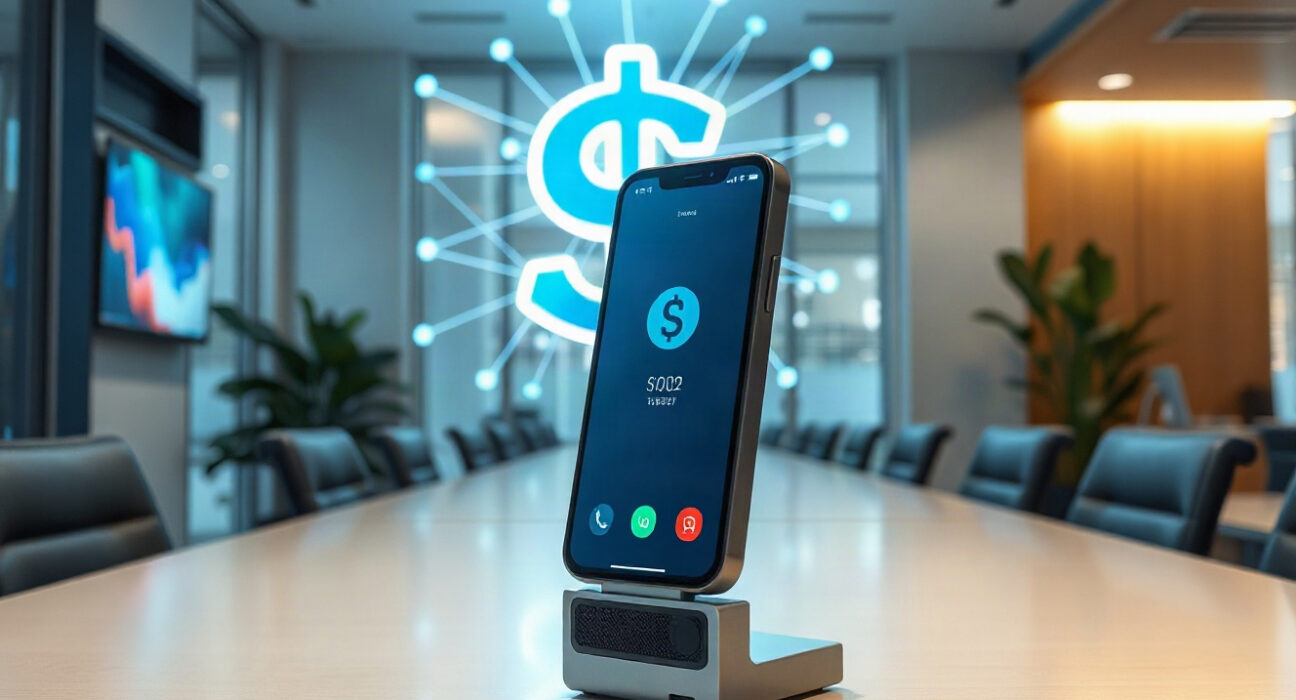 Digital payment terminal with stablecoin interface in modern office setting