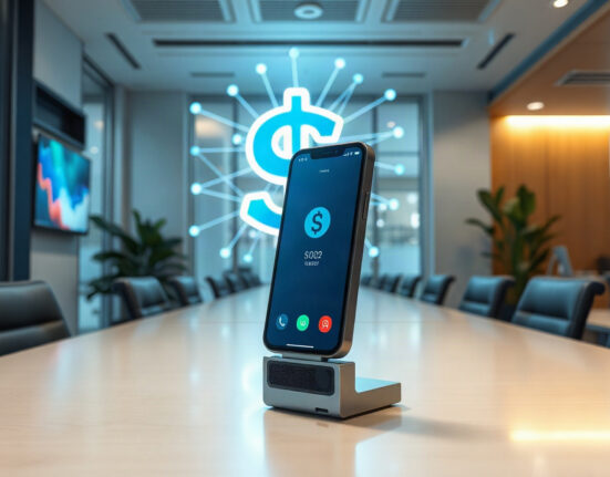 Digital payment terminal with stablecoin interface in modern office setting