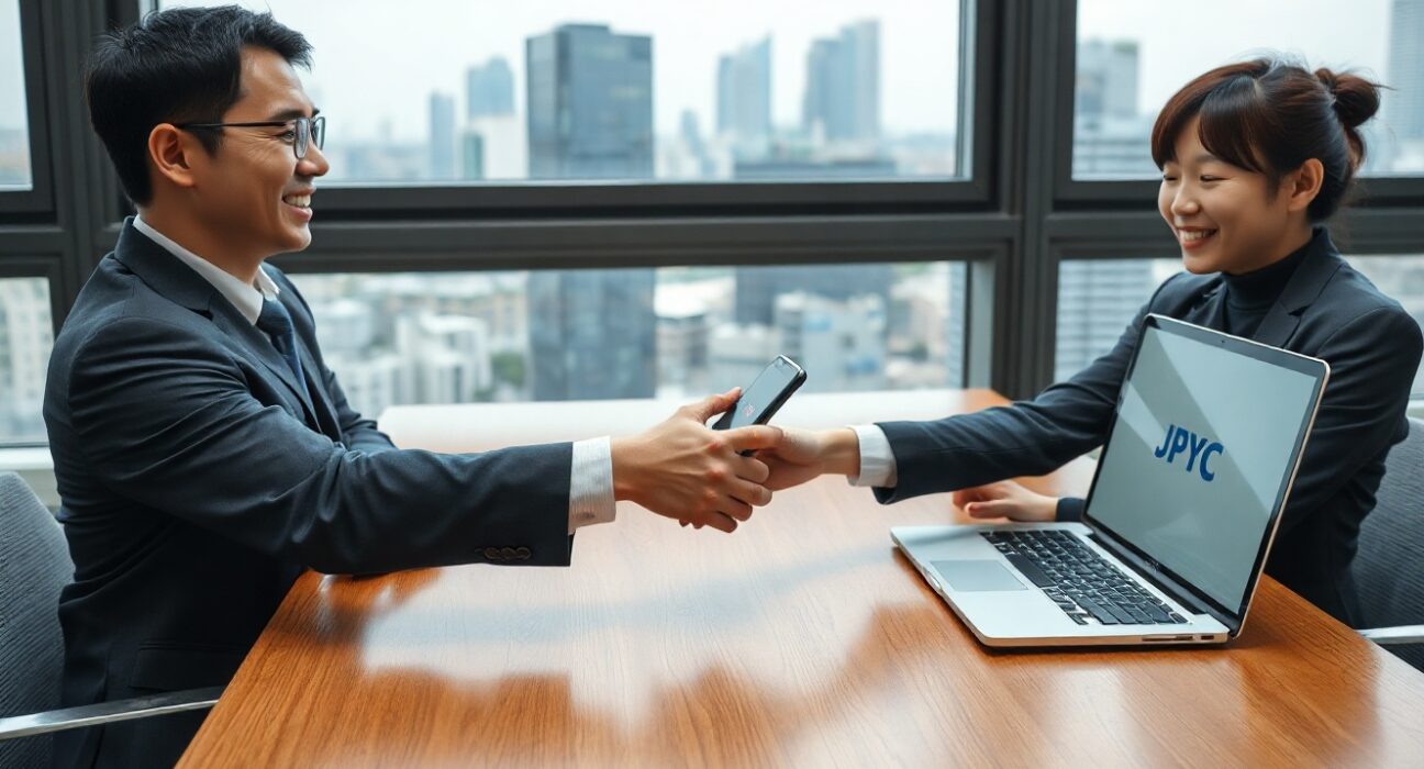 Business handshake with JPYC stablecoin payment interface on smartphone in modern Seoul office