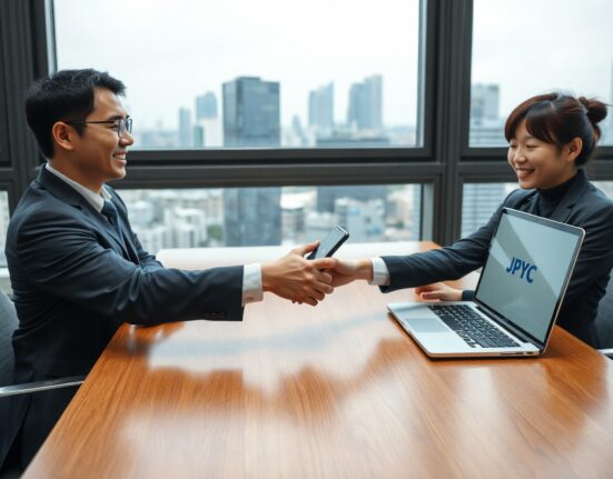 Business handshake with JPYC stablecoin payment interface on smartphone in modern Seoul office