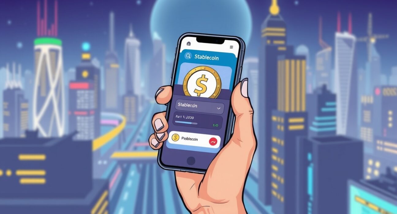 A cartoon illustration showing a user making a payment on Danal's innovative stablecoin payment platform with a smartphone.