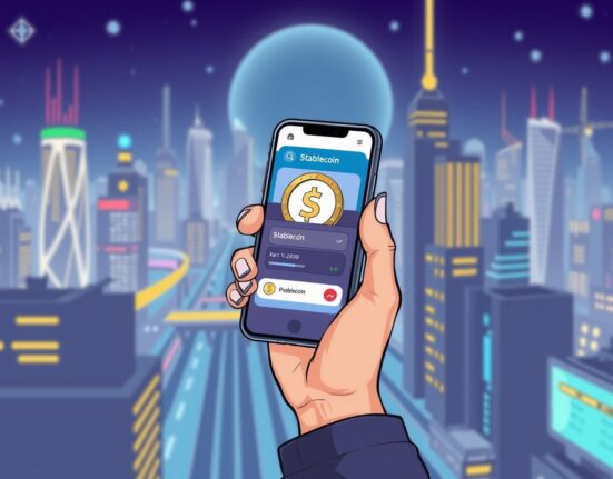 A cartoon illustration showing a user making a payment on Danal's innovative stablecoin payment platform with a smartphone.