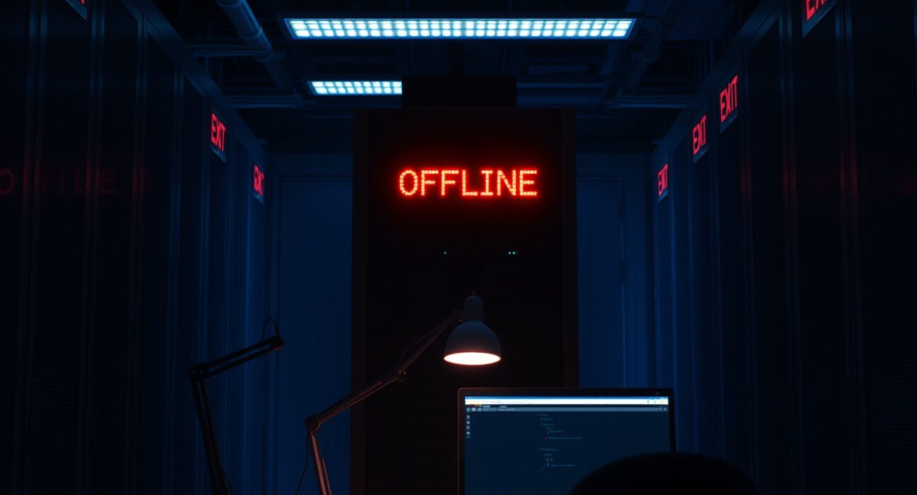 Server rack with red offline indicator in a dim data center, representing Dango platform shutdown.