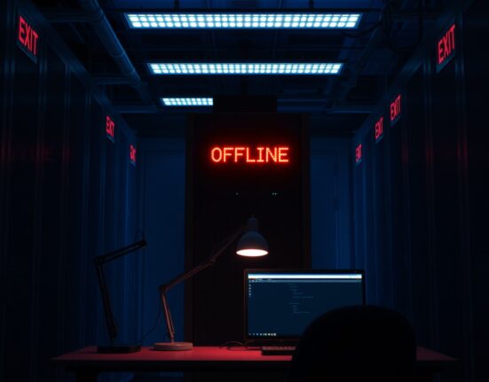 Server rack with red offline indicator in a dim data center, representing Dango platform shutdown.