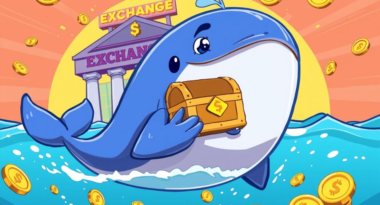 Daniel Larimer ASTER withdrawal depicted as a determined whale leaving a crypto exchange with digital treasure