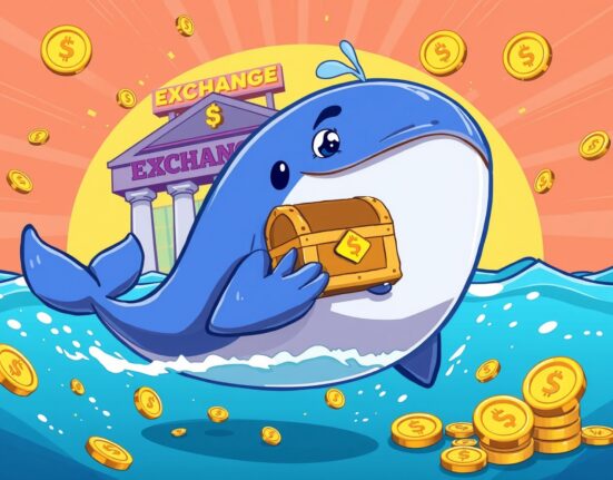 Daniel Larimer ASTER withdrawal depicted as a determined whale leaving a crypto exchange with digital treasure