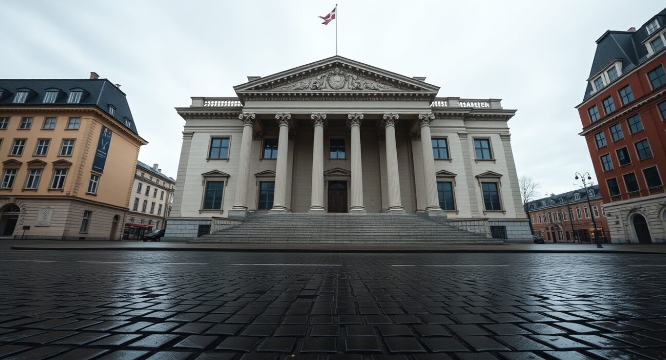 Exterior of the Danish Nationalbanken headquarters in Copenhagen on a cloudy day.