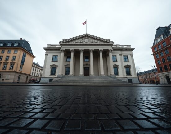 Exterior of the Danish Nationalbanken headquarters in Copenhagen on a cloudy day.