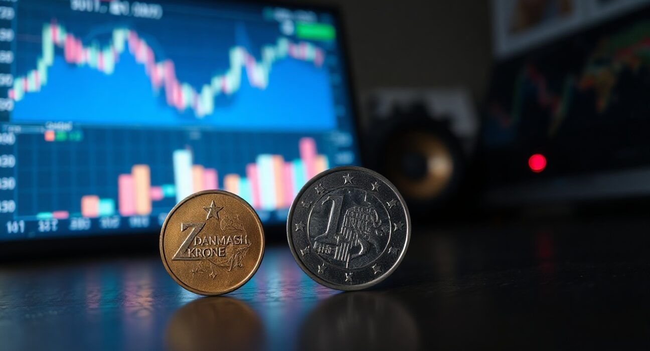 Danish Krone and Euro coins on a desk with financial charts in the background
