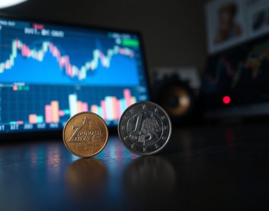 Danish Krone and Euro coins on a desk with financial charts in the background
