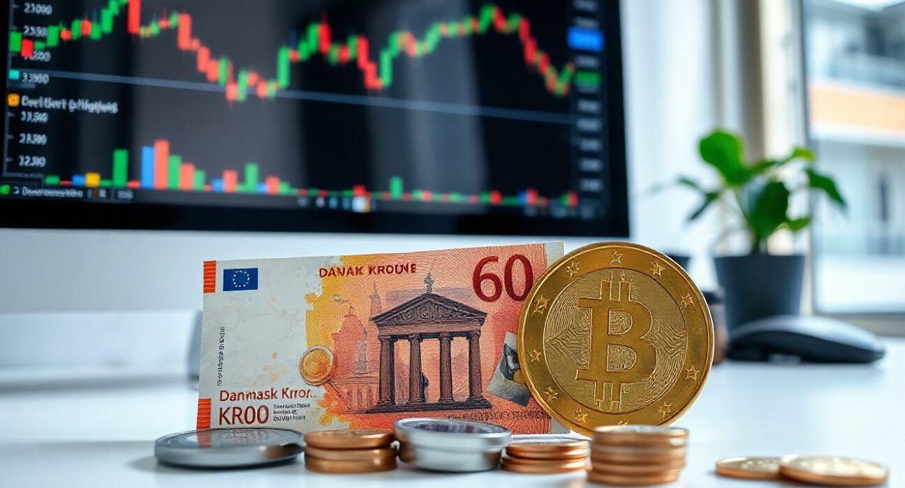 Danish krone and euro banknotes on a desk with financial charts in background