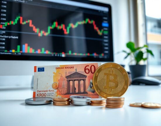Danish krone and euro banknotes on a desk with financial charts in background